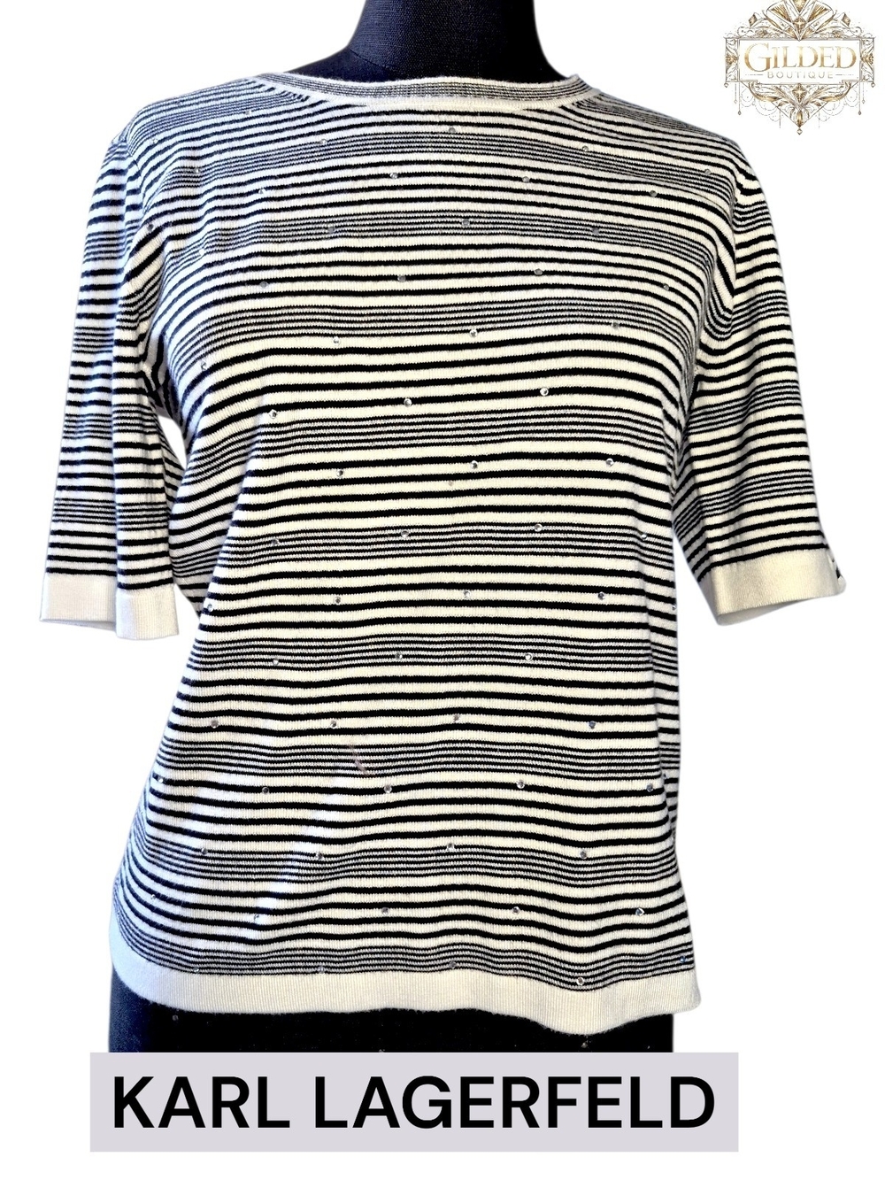 Karl Lagerfeld Black & White Striped Knit Tee with Rhinestones